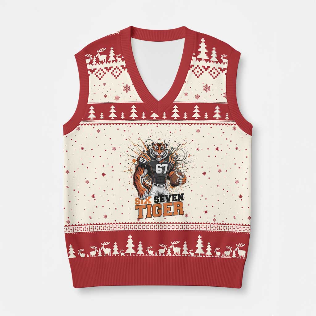 Six Seven Meme Tiger Football V-Neck Knit Sweater Vest Funny Gen Z Alpha Gift TS12 Beige Red Print Your Wear