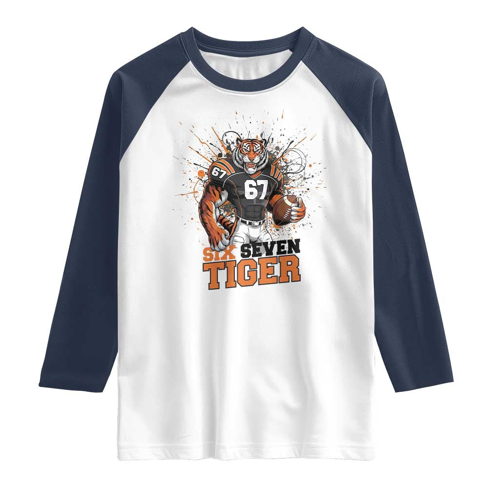 Six Seven Meme Tiger Football Raglan Shirt Funny Gen Z Alpha Gift TS12 White Navy Print Your Wear