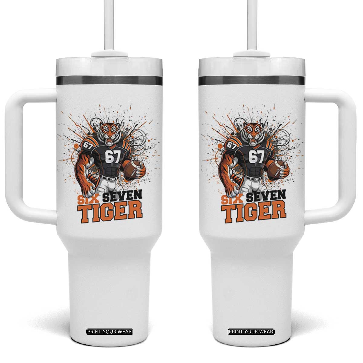 Six Seven Meme Tiger Football Tumbler With Handle Funny Gen Z Alpha Gift TS12 One Size: 40 oz White Print Your Wear