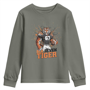 Six Seven Meme Tiger Football Youth Sweatshirt Funny Gen Z Alpha Gift TS12 Military Green Print Your Wear