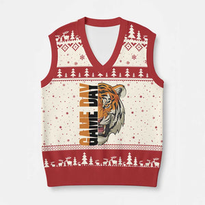 Tiger Football Lover V-Neck Knit Sweater Vest Game Day Fan Lifestyle TS12 Beige Red Print Your Wear