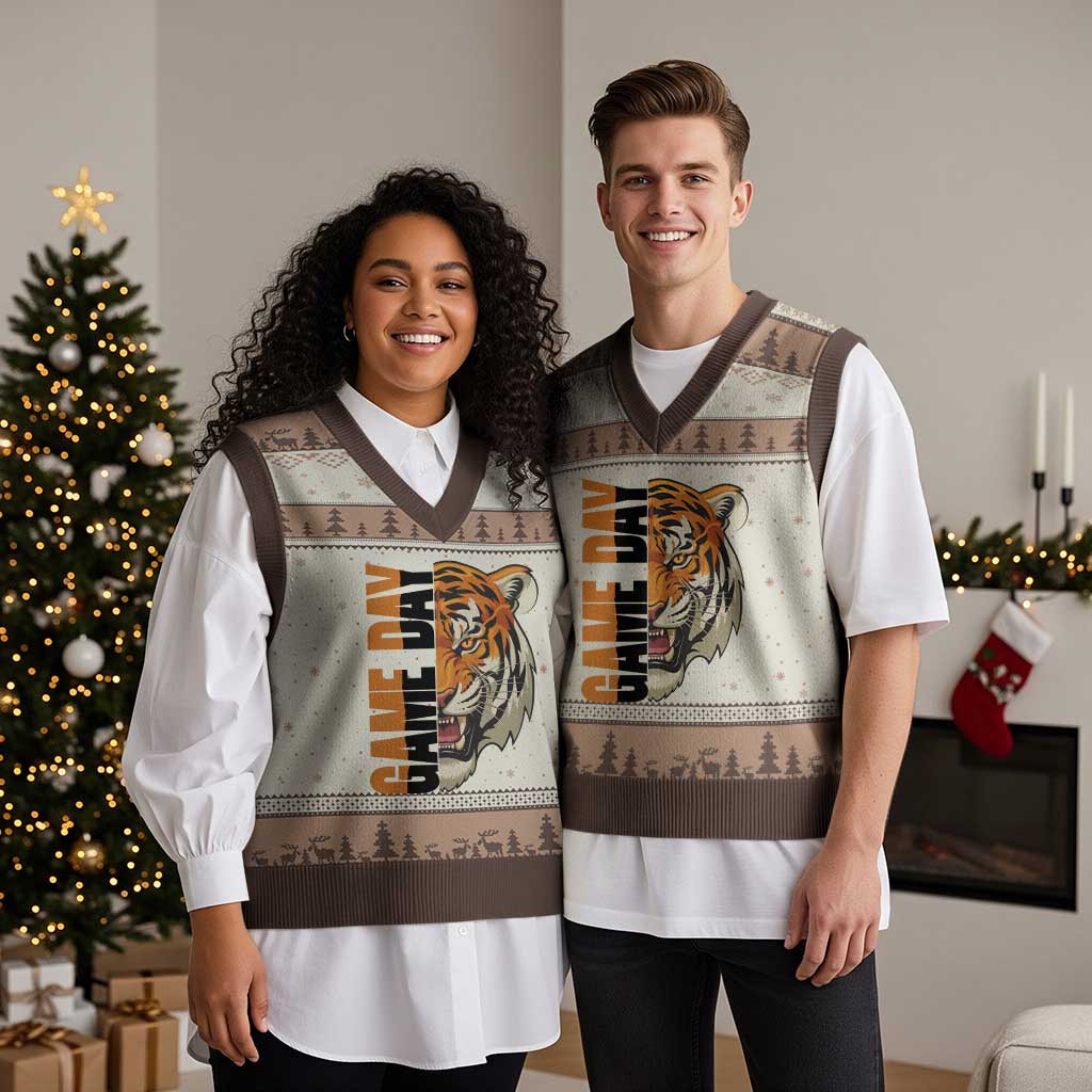 Tiger Football Lover V-Neck Knit Sweater Vest Game Day Fan Lifestyle TS12 Mocha Mousse Print Your Wear