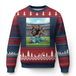 Funny Tiger Dominates Dolphin Ugly Christmas Sweater FB Rivalry Gift TS12 Navy Red Print Your Wear