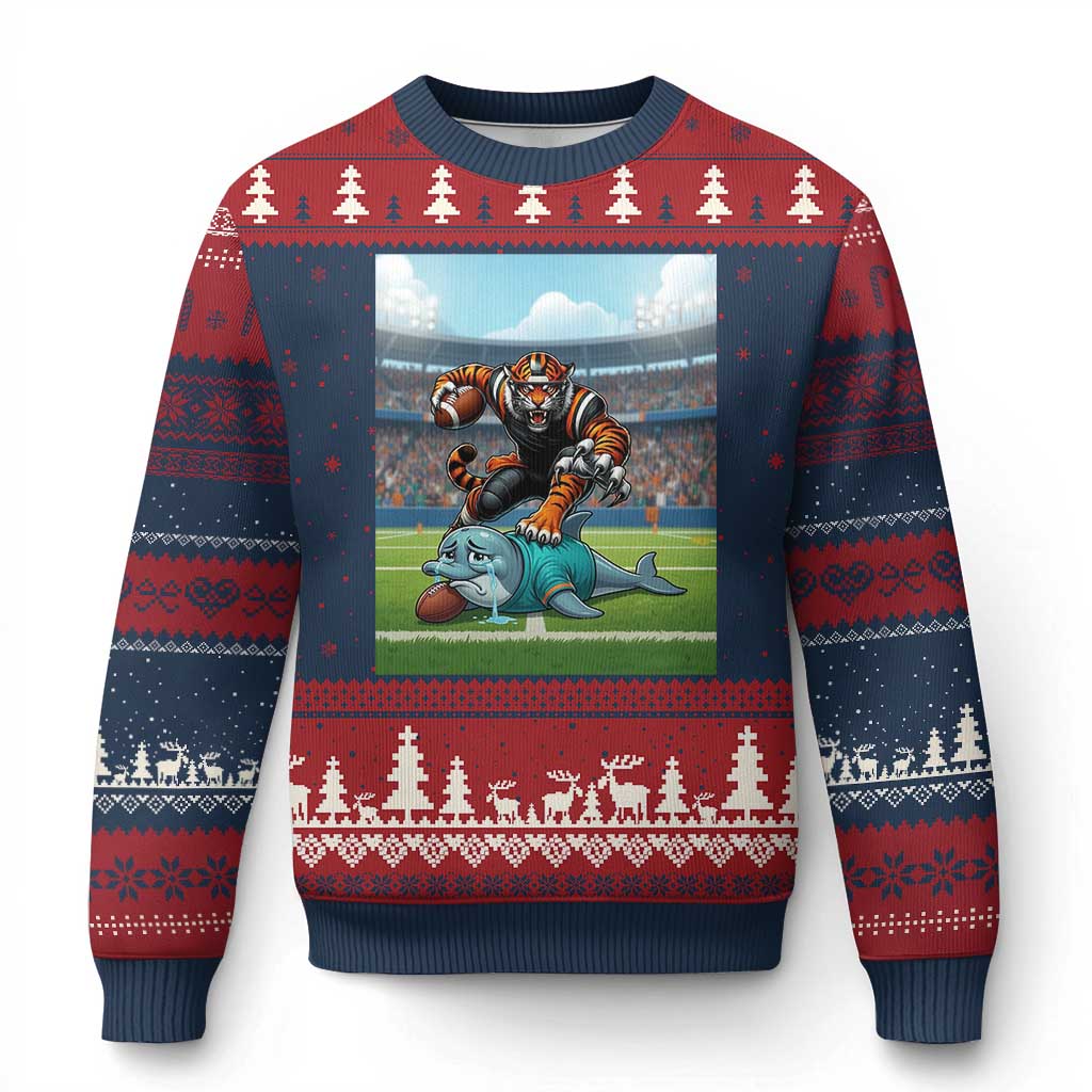 Funny Tiger Dominates Dolphin Ugly Christmas Sweater FB Rivalry Gift TS12 Navy Red Print Your Wear