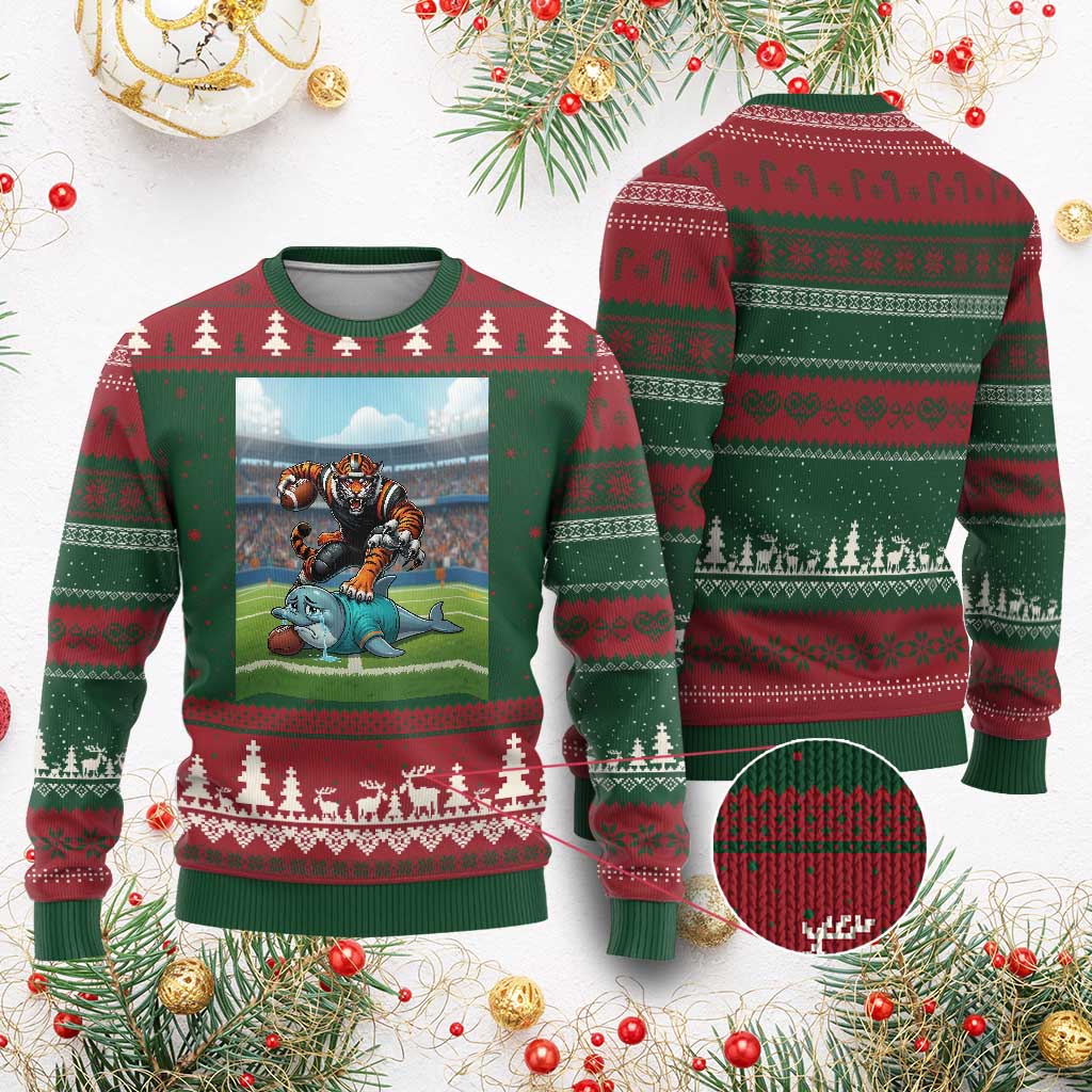 Funny Tiger Dominates Dolphin Ugly Christmas Sweater FB Rivalry Gift TS12 Red Green Print Your Wear