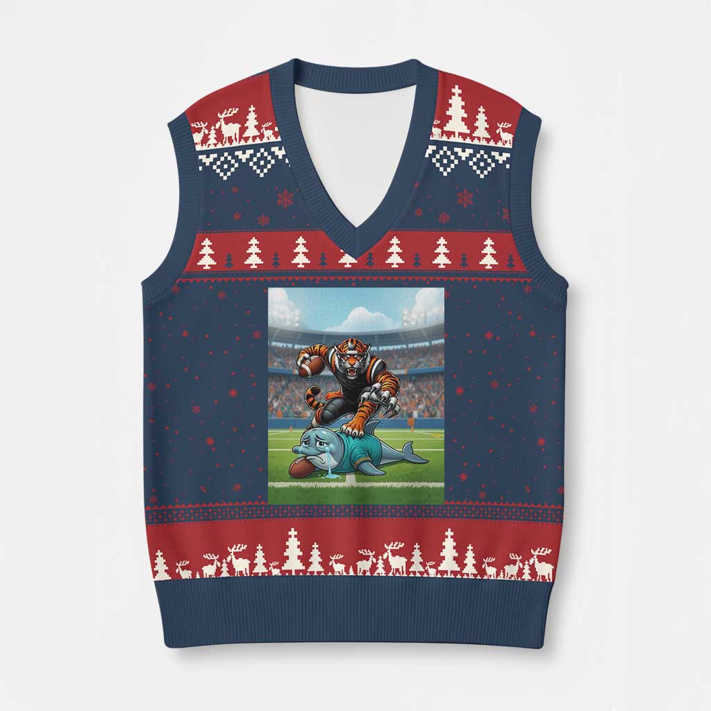 Funny Tiger Dominates Dolphin V-Neck Knit Sweater Vest FB Rivalry Gift TS12 Navy Red Print Your Wear
