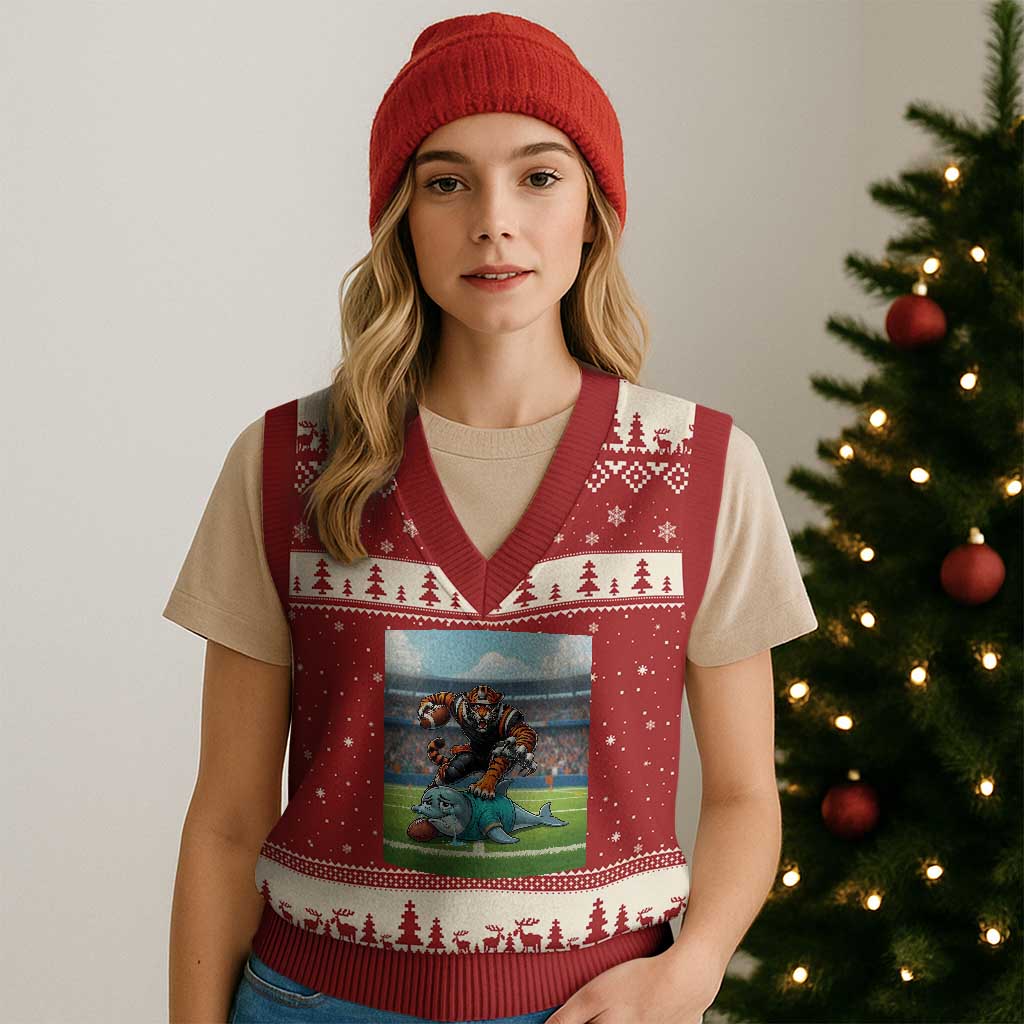 Funny Tiger Dominates Dolphin V-Neck Knit Sweater Vest FB Rivalry Gift TS12 Red Beige Print Your Wear