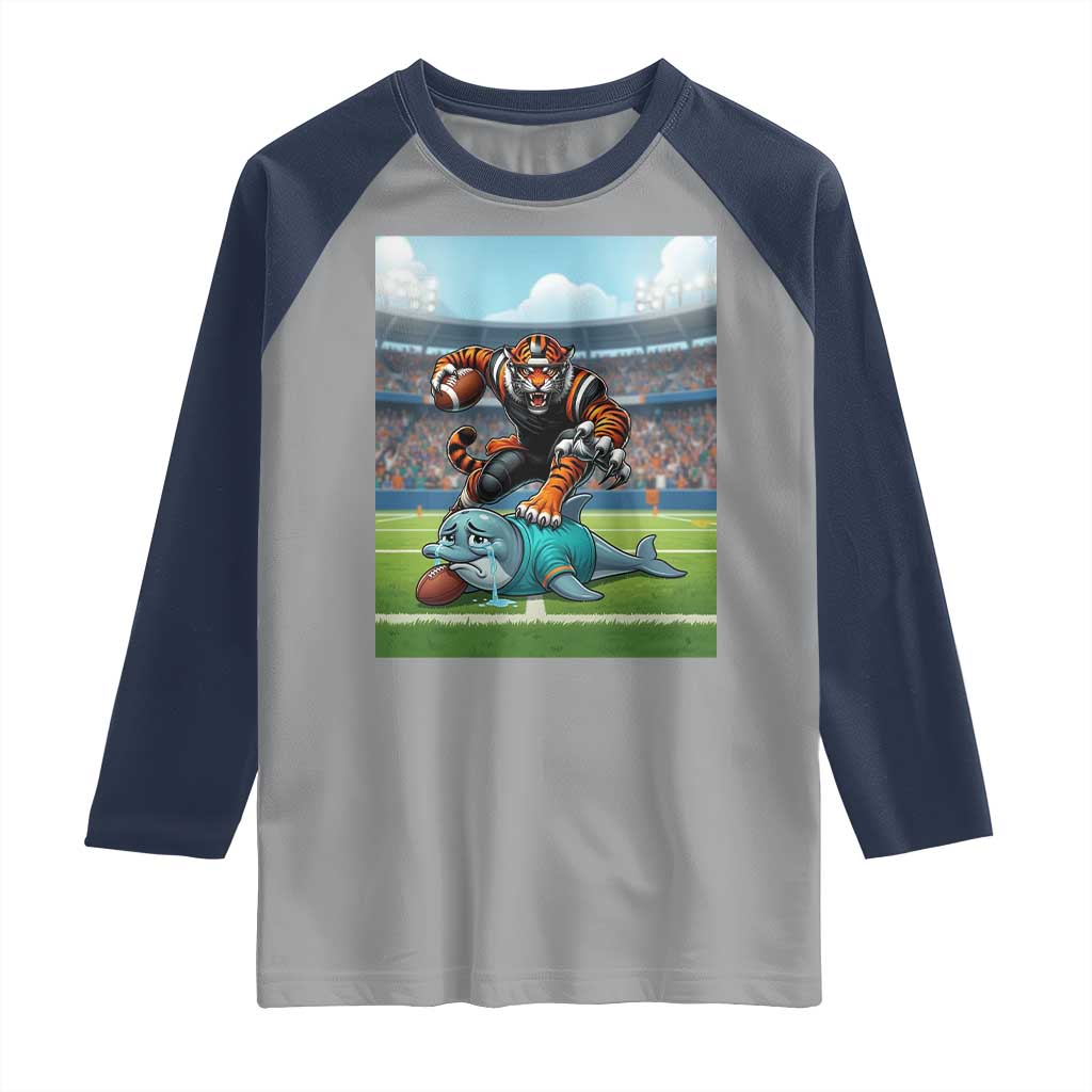 Funny Tiger Dominates Dolphin Raglan Shirt FB Rivalry Gift TS12 Sport Gray Navy Print Your Wear