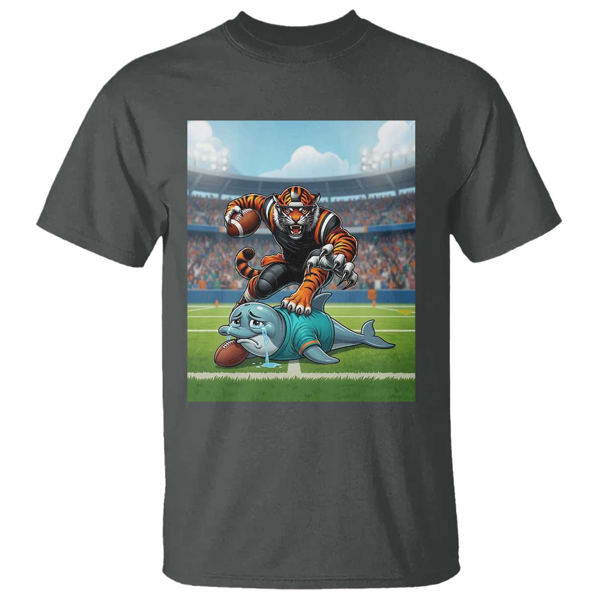 Funny Tiger Dominates Dolphin T Shirt FB Rivalry Gift TS12 Dark Heather Print Your Wear
