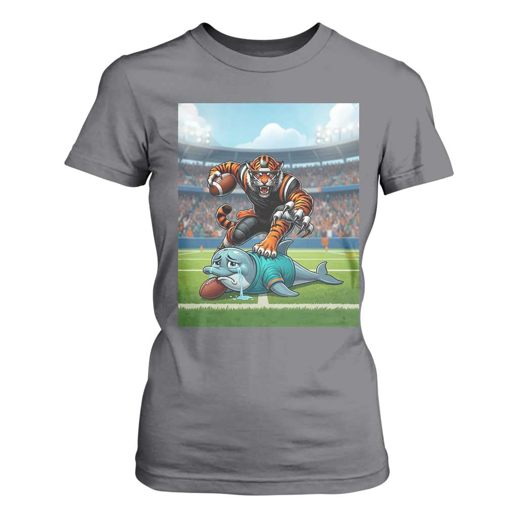 Funny Tiger Dominates Dolphin T Shirt For Women FB Rivalry Gift TS12 Charcoal Print Your Wear