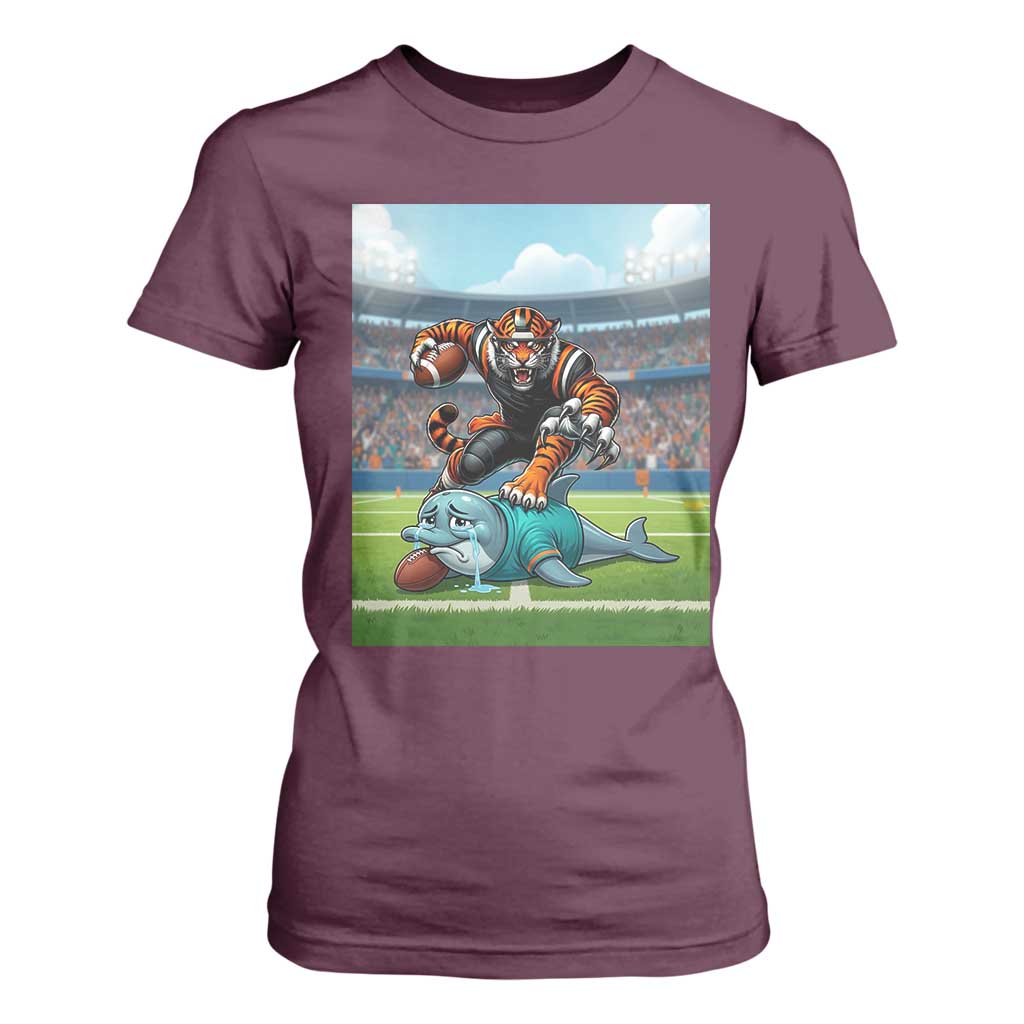 Funny Tiger Dominates Dolphin T Shirt For Women FB Rivalry Gift TS12 Maroon Print Your Wear