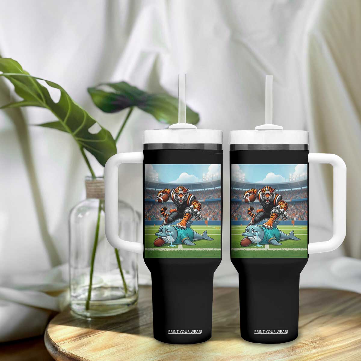 Funny Tiger Dominates Dolphin Tumbler With Handle FB Rivalry Gift TS12 Print Your Wear