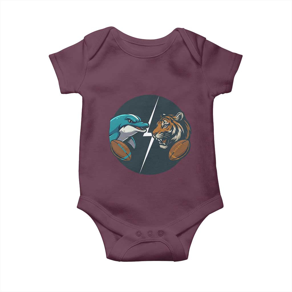 Funny Tiger Vs Dolphin Rivalry Baby Onesie Gift For FB Hardcore Fan TS12 Maroon Print Your Wear