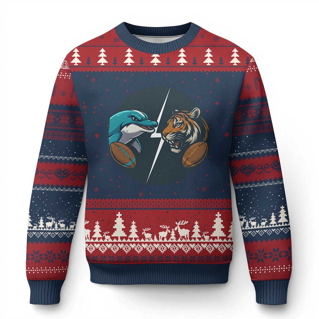 Funny Tiger Vs Dolphin Rivalry Ugly Christmas Sweater Gift For FB Hardcore Fan TS12 Navy Red Print Your Wear