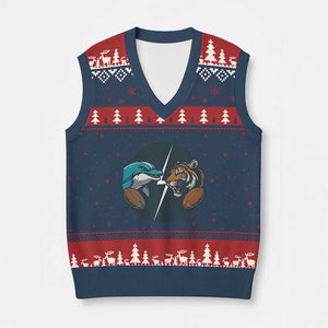 Funny Tiger Vs Dolphin Rivalry V-Neck Knit Sweater Vest Gift For FB Hardcore Fan TS12 Navy Red Print Your Wear