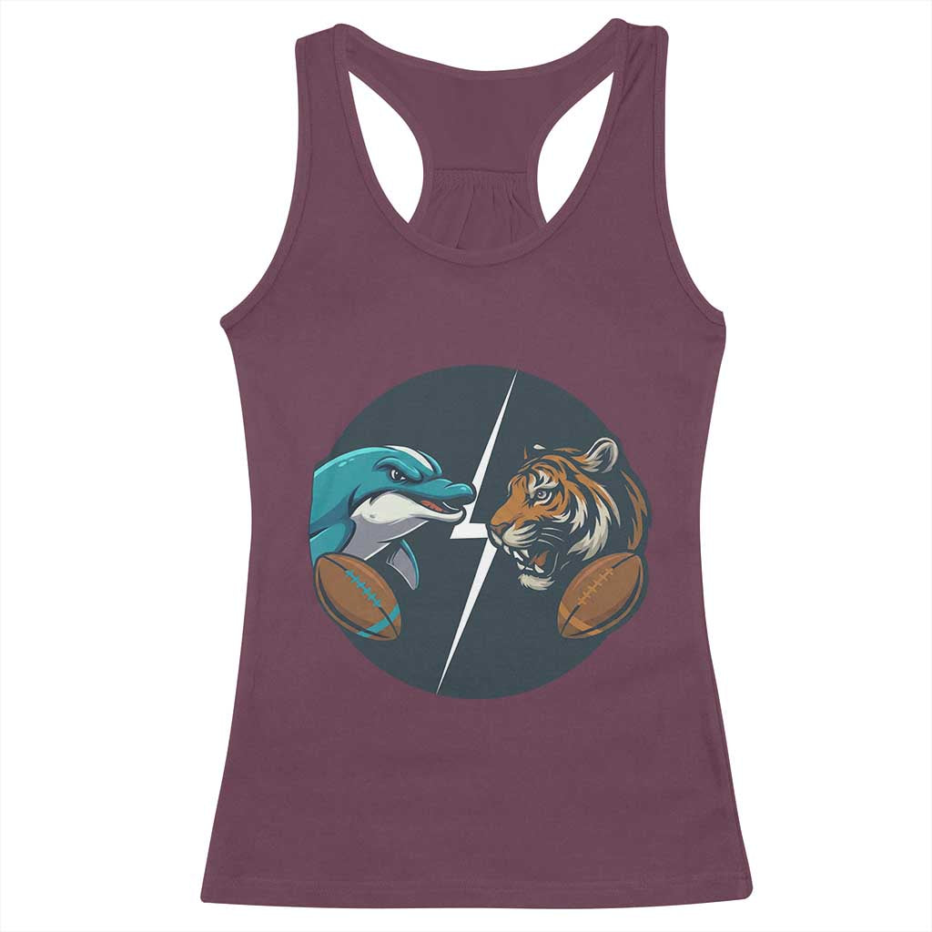 Funny Tiger Vs Dolphin Rivalry Racerback Tank Top Gift For FB Hardcore Fan TS12 Maroon Print Your Wear