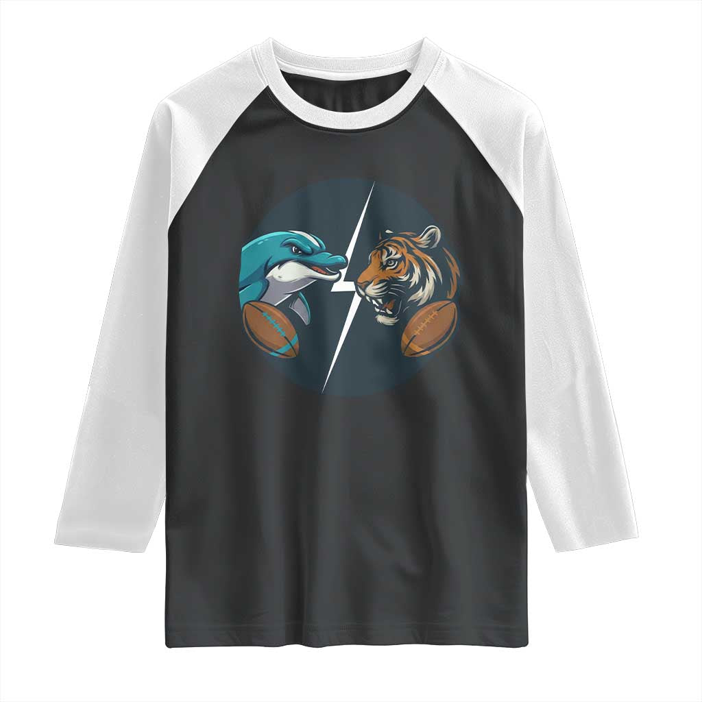 Funny Tiger Vs Dolphin Rivalry Raglan Shirt Gift For FB Hardcore Fan TS12 Black White Print Your Wear