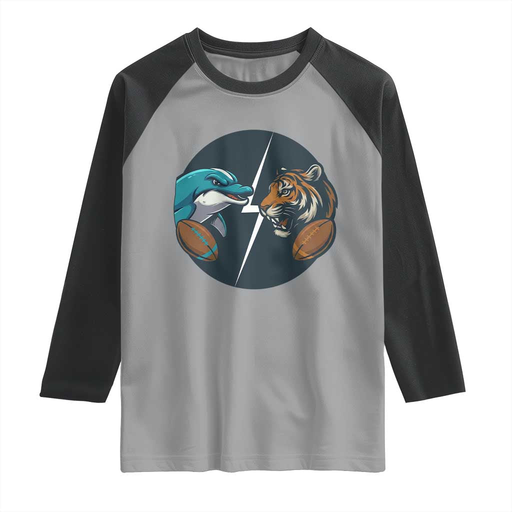 Funny Tiger Vs Dolphin Rivalry Raglan Shirt Gift For FB Hardcore Fan TS12 Sport Gray Black Print Your Wear