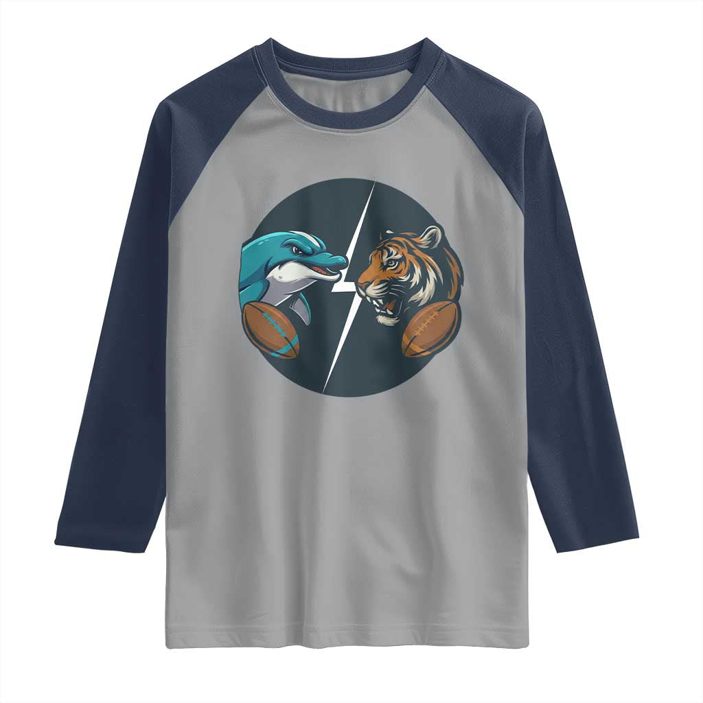 Funny Tiger Vs Dolphin Rivalry Raglan Shirt Gift For FB Hardcore Fan TS12 Sport Gray Navy Print Your Wear