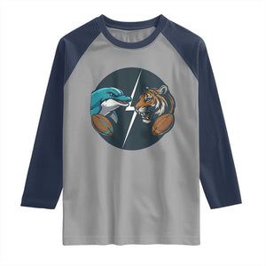 Funny Tiger Vs Dolphin Rivalry Raglan Shirt Gift For FB Hardcore Fan TS12 Sport Gray Navy Print Your Wear