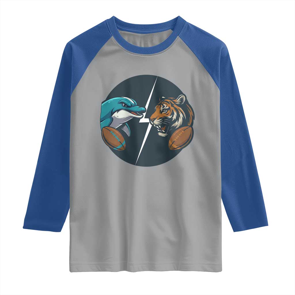 Funny Tiger Vs Dolphin Rivalry Raglan Shirt Gift For FB Hardcore Fan TS12 Sport Gray Royal Print Your Wear