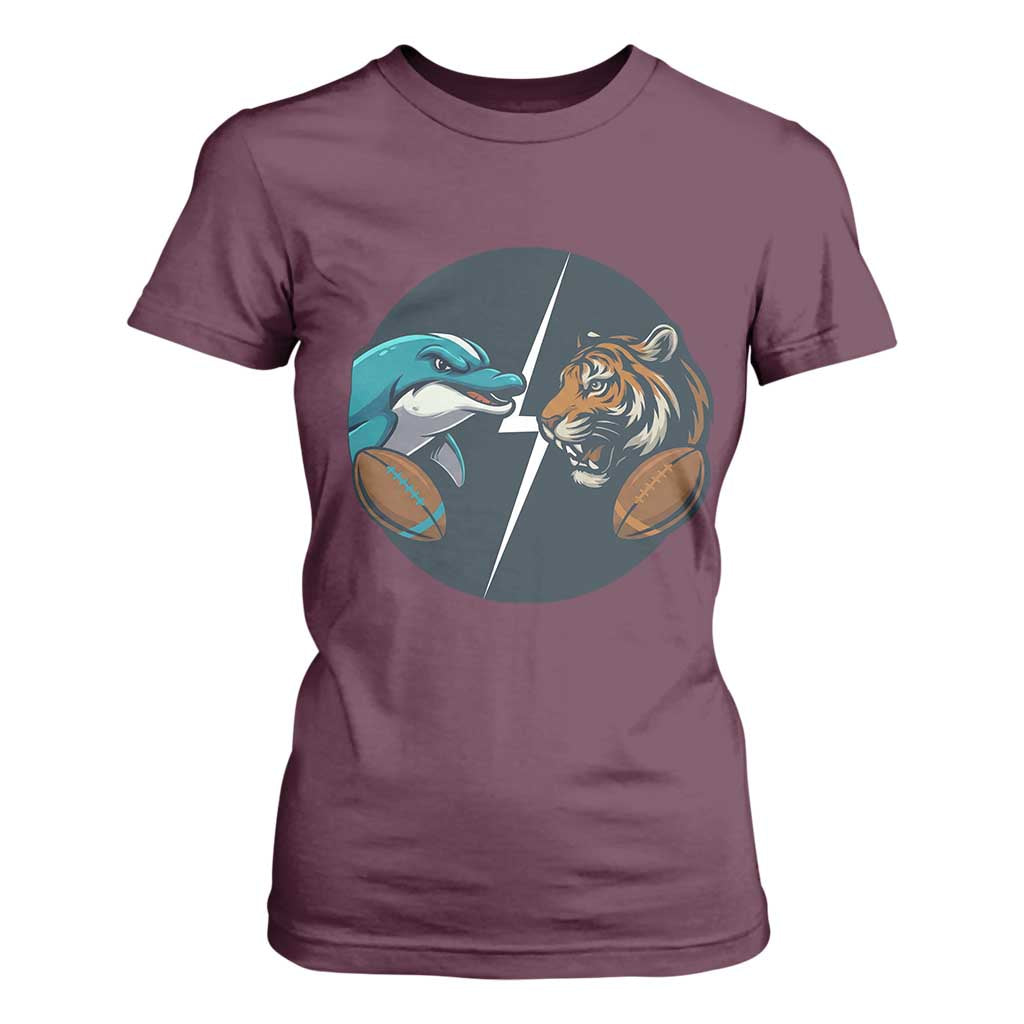 Funny Tiger Vs Dolphin Rivalry T Shirt For Women Gift For FB Hardcore Fan TS12 Maroon Print Your Wear