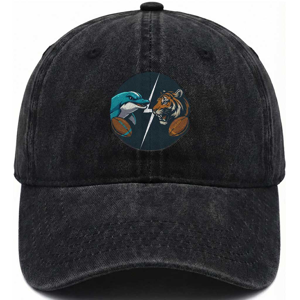 Funny Tiger Vs Dolphin Rivalry Washed Cotton Baseball Cap Gift For FB Hardcore Fan TS12 Print Your Wear