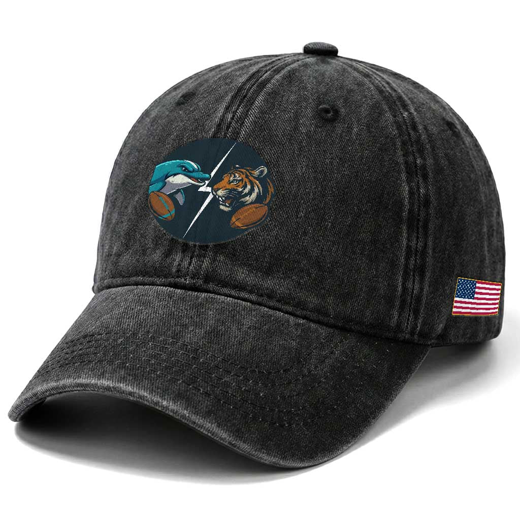 Funny Tiger Vs Dolphin Rivalry Washed Cotton Baseball Cap Gift For FB Hardcore Fan TS12 Print Your Wear