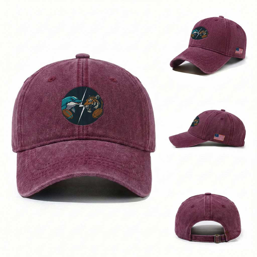 Funny Tiger Vs Dolphin Rivalry Washed Cotton Baseball Cap Gift For FB Hardcore Fan TS12 Washed Cap Universal Fit Burgundy Print Your Wear