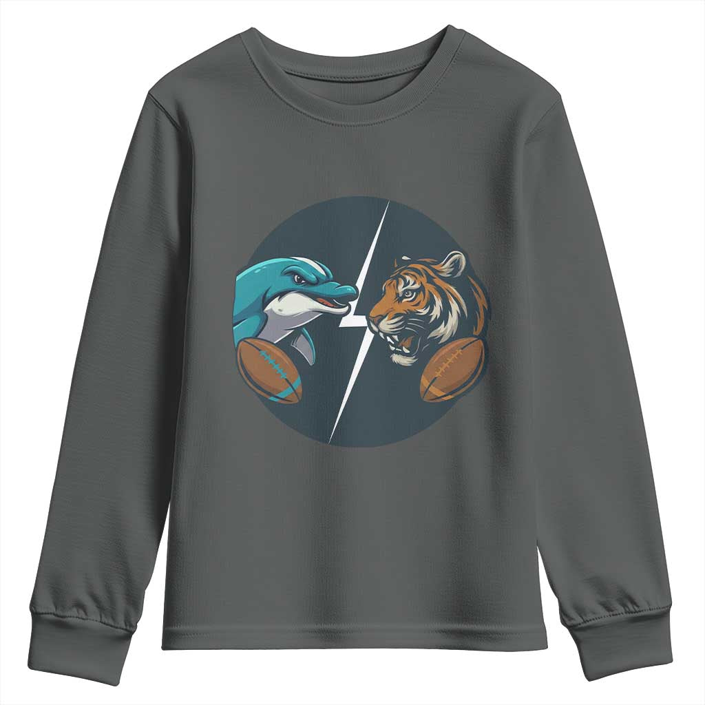 Funny Tiger Vs Dolphin Rivalry Youth Sweatshirt Gift For FB Hardcore Fan TS12 Dark Heather Print Your Wear