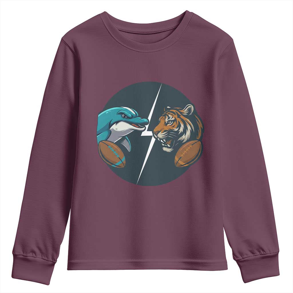 Funny Tiger Vs Dolphin Rivalry Youth Sweatshirt Gift For FB Hardcore Fan TS12 Maroon Print Your Wear