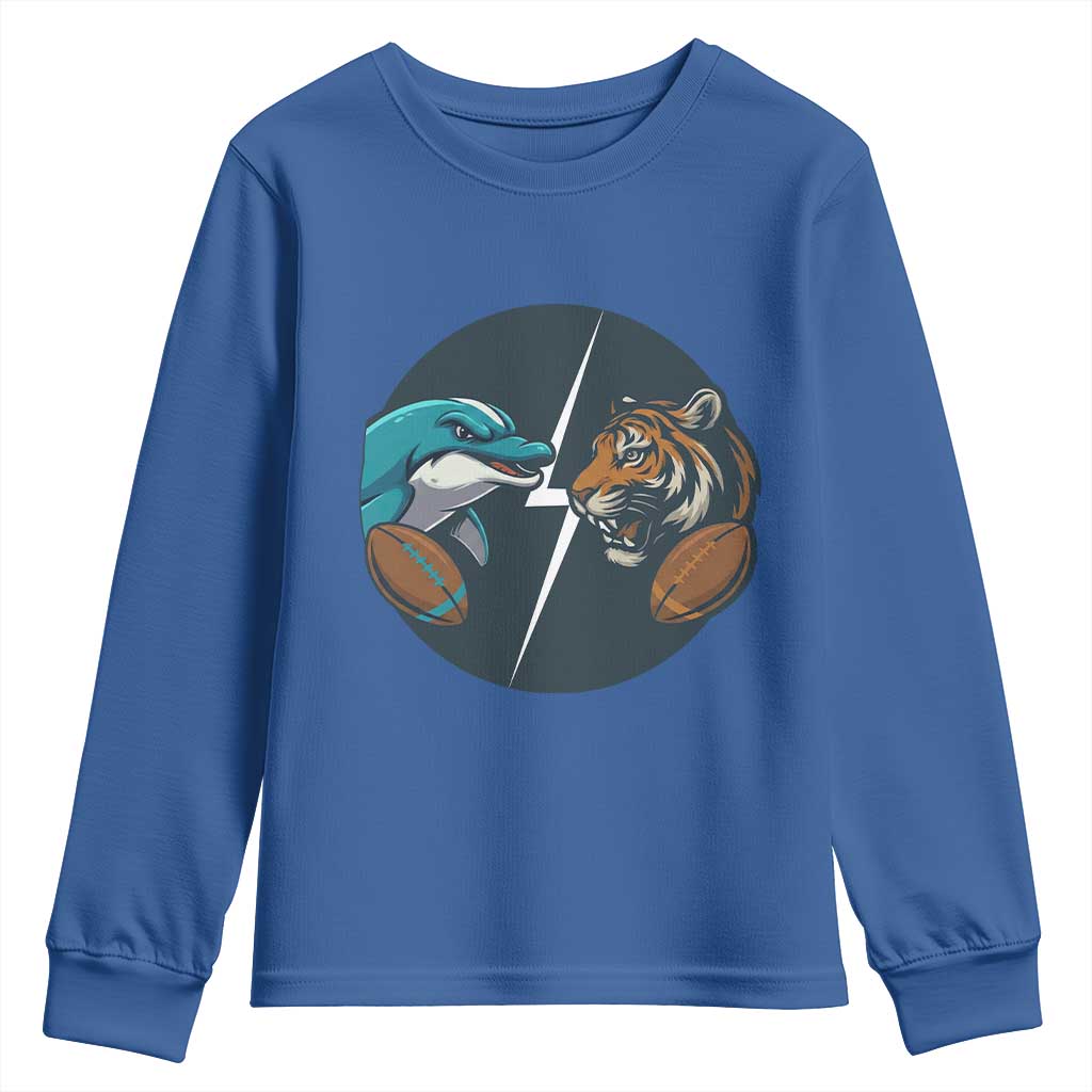 Funny Tiger Vs Dolphin Rivalry Youth Sweatshirt Gift For FB Hardcore Fan TS12 Royal Blue Print Your Wear