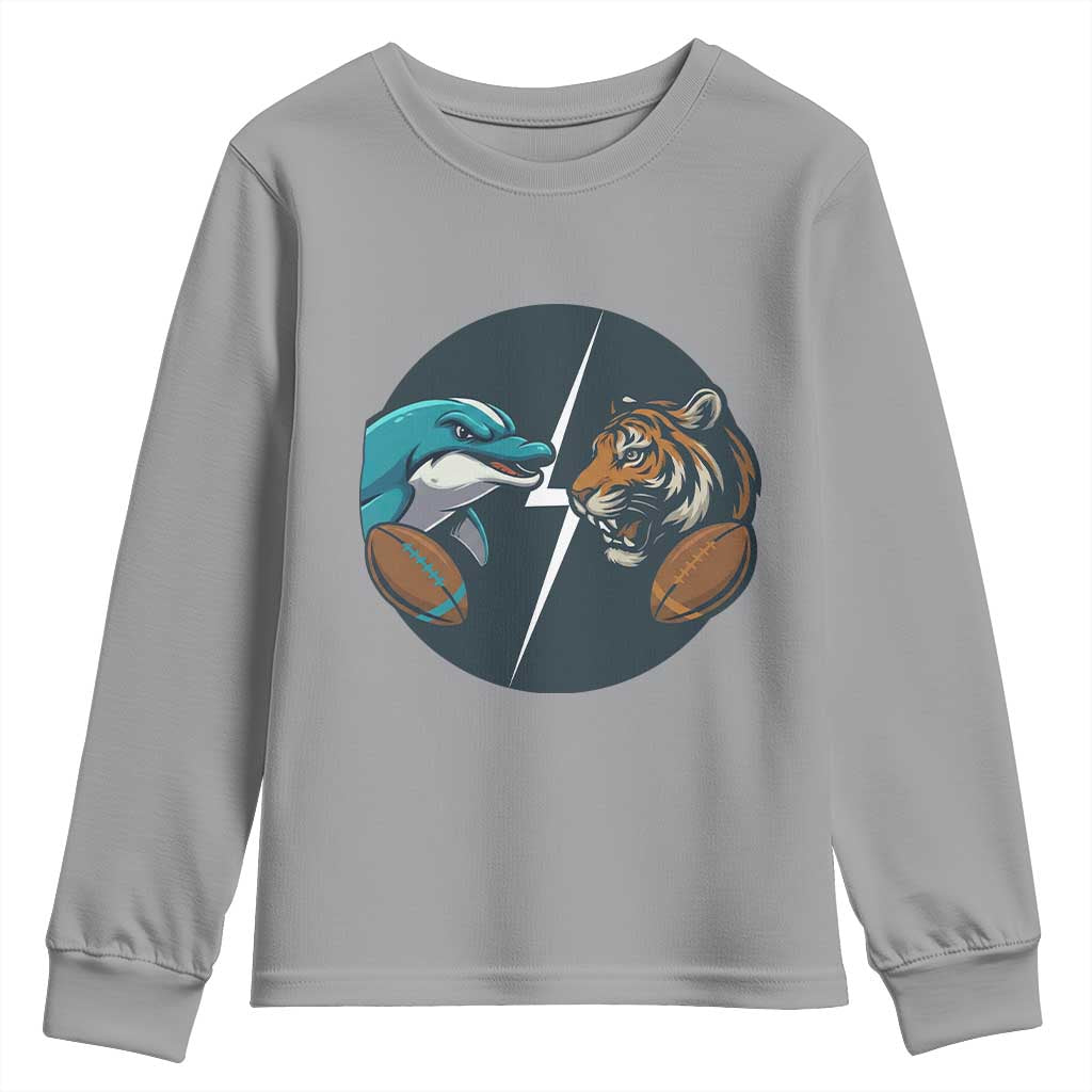 Funny Tiger Vs Dolphin Rivalry Youth Sweatshirt Gift For FB Hardcore Fan TS12 Sport Gray Print Your Wear