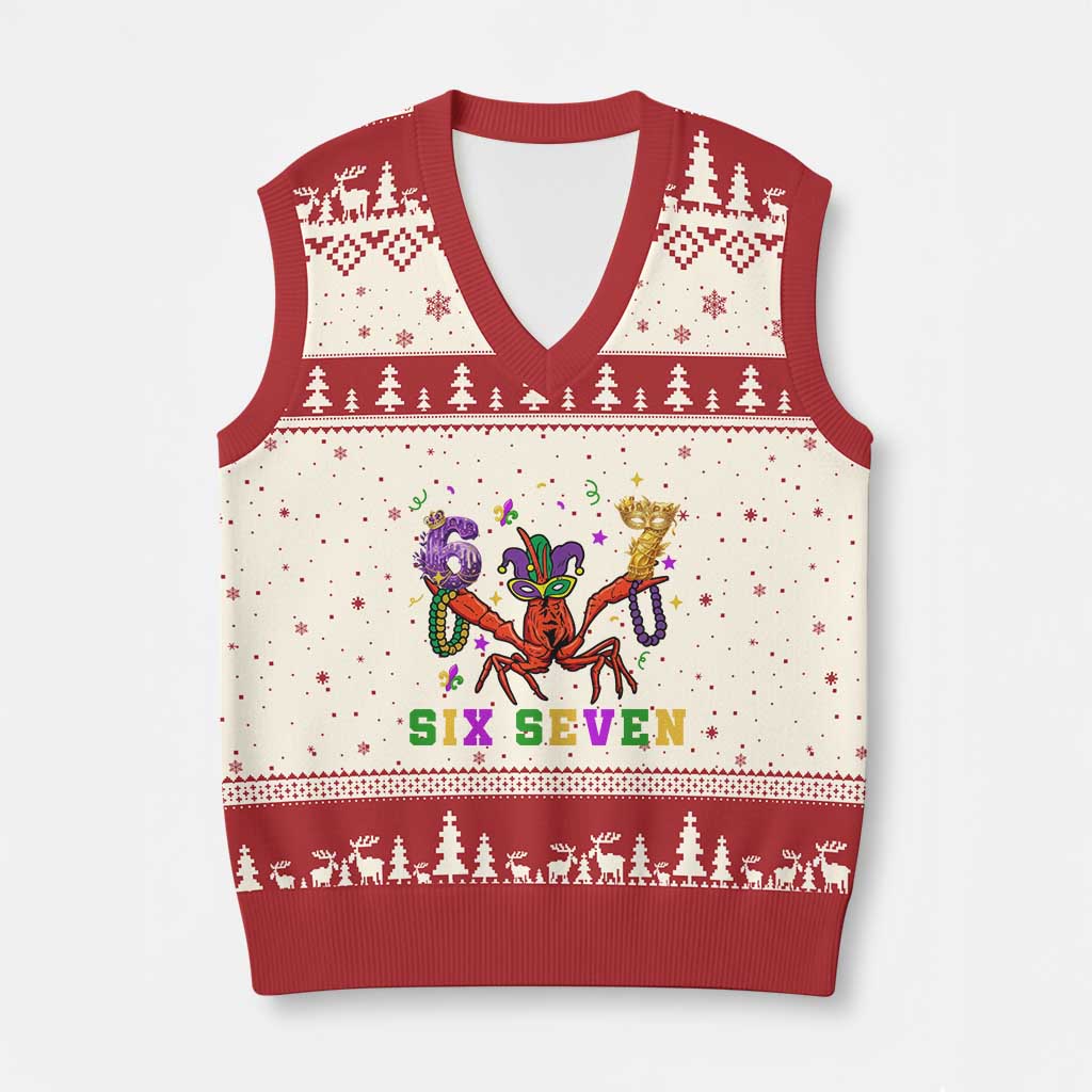 Funny 67 Crawfish Mardi Gras V-Neck Knit Sweater Vest Six Seven Meme TS12 Beige Red Print Your Wear