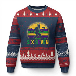 Funny Mardi Gras Bigfoot Ugly Christmas Sweater Six Seven Meme TS12 Navy Red Print Your Wear