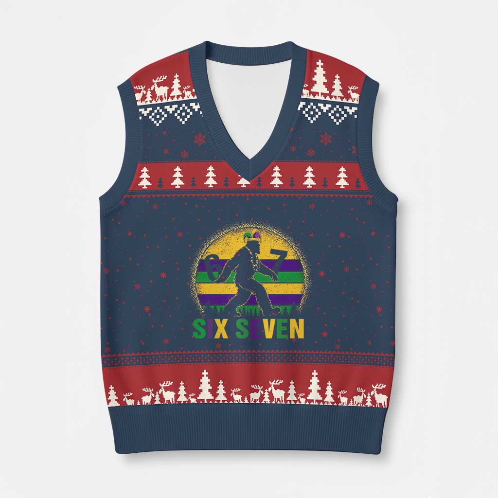 Funny Mardi Gras Bigfoot V-Neck Knit Sweater Vest Six Seven Meme TS12 Navy Red Print Your Wear