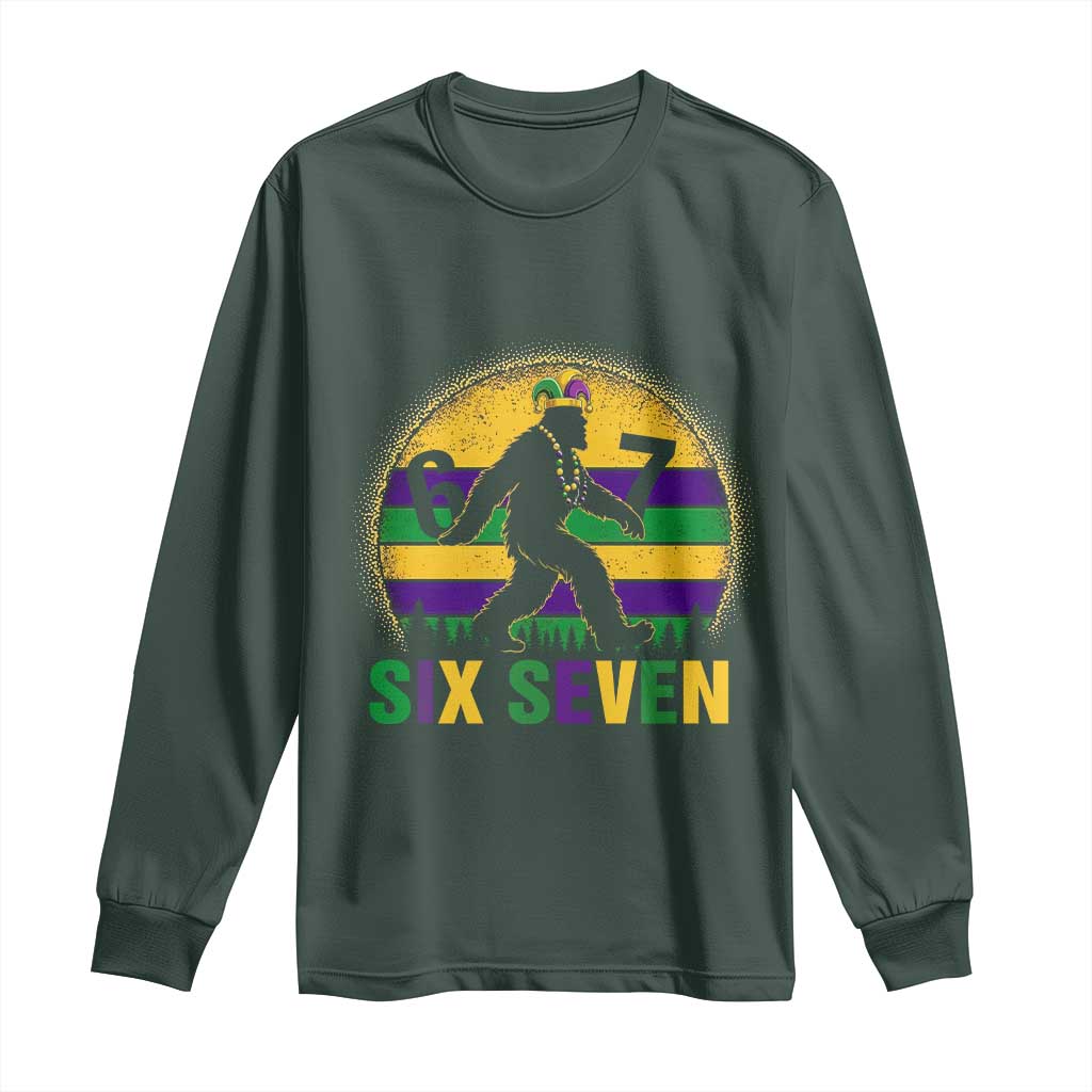 Funny Mardi Gras Bigfoot Long Sleeve Shirt Six Seven Meme TS12 Dark Forest Green Print Your Wear