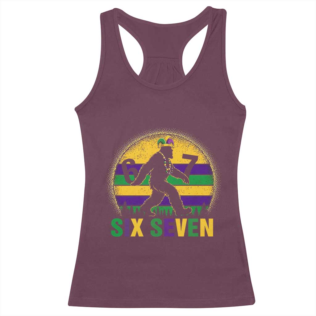 Funny Mardi Gras Bigfoot Racerback Tank Top Six Seven Meme TS12 Maroon Print Your Wear