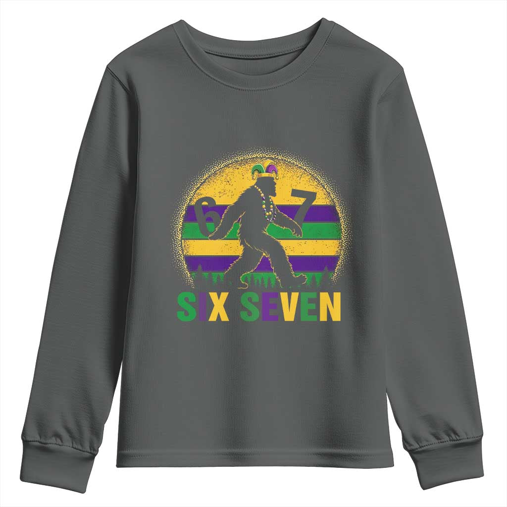 Funny Mardi Gras Bigfoot Youth Sweatshirt Six Seven Meme TS12 Dark Heather Print Your Wear