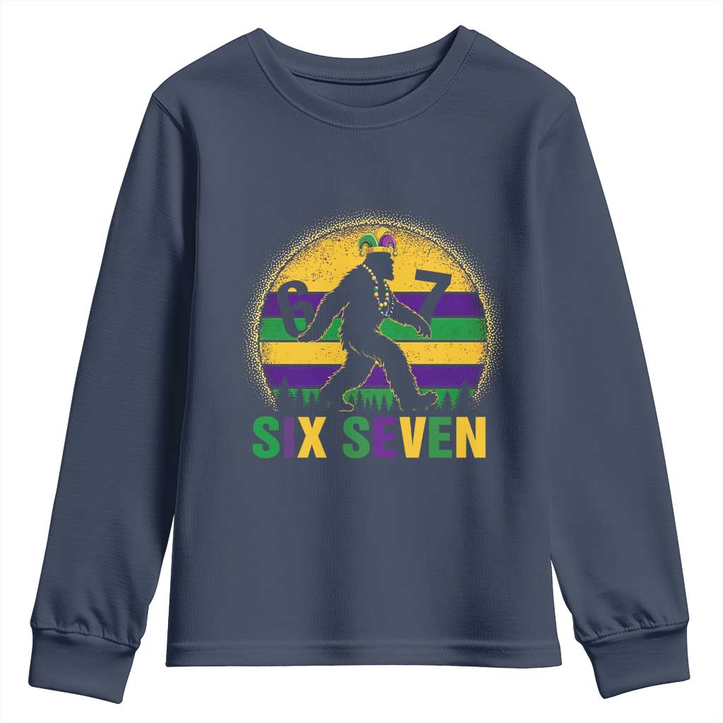 Funny Mardi Gras Bigfoot Youth Sweatshirt Six Seven Meme TS12 Navy Print Your Wear