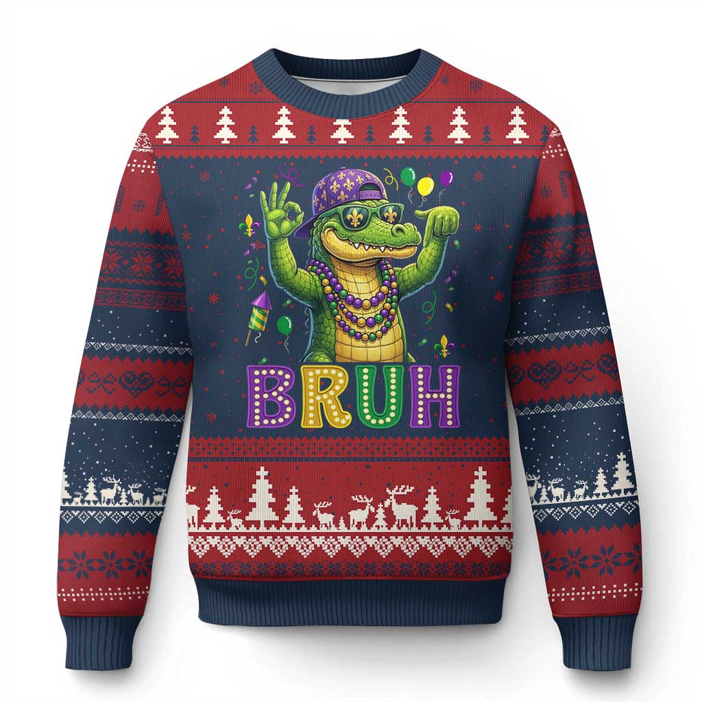 Mardi Gras Mardigator Alligator Six Seven Bruh Meme Ugly Christmas Sweater TS12 Navy Red Print Your Wear