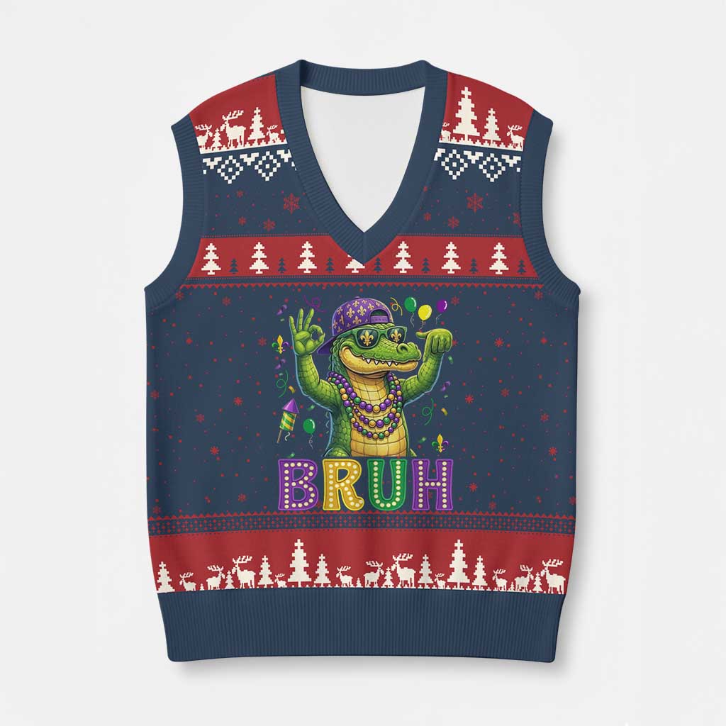 Mardi Gras Mardigator Alligator Six Seven Bruh Meme V-Neck Knit Sweater Vest TS12 Navy Red Print Your Wear