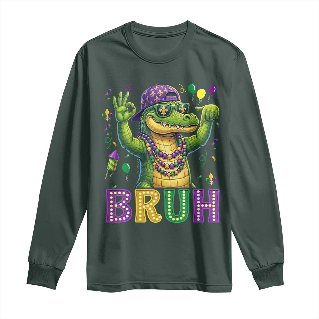 Mardi Gras Mardigator Alligator Six Seven Bruh Meme Long Sleeve Shirt TS12 Dark Forest Green Print Your Wear