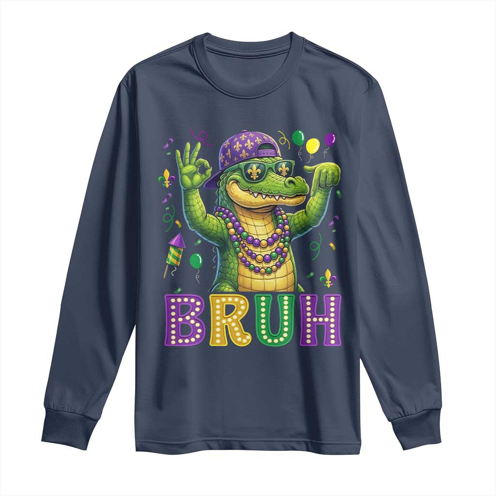 Mardi Gras Mardigator Alligator Six Seven Bruh Meme Long Sleeve Shirt TS12 Navy Print Your Wear