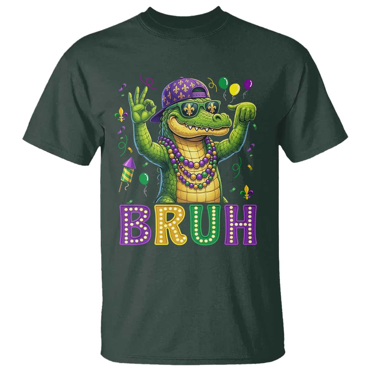Mardi Gras Mardigator Alligator Six Seven Bruh Meme T Shirt TS12 Dark Forest Green Print Your Wear