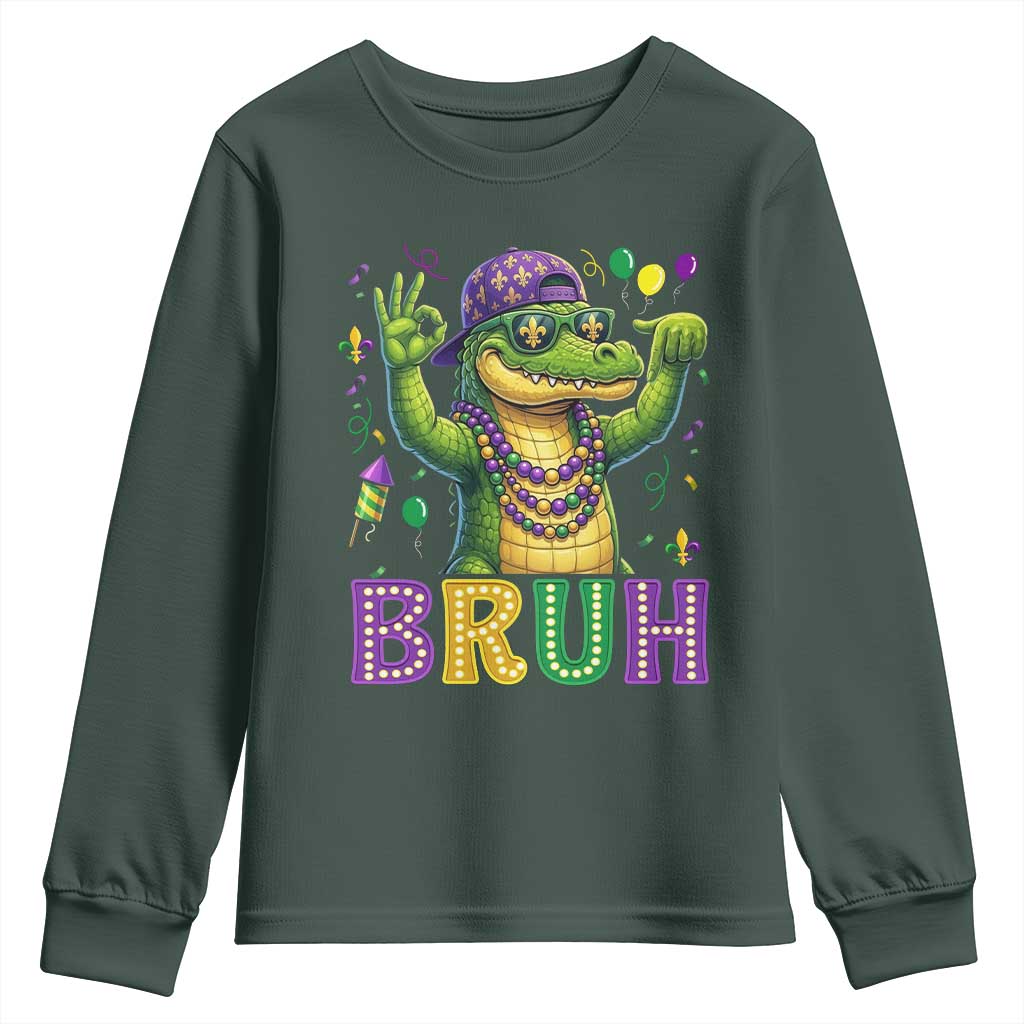 Mardi Gras Mardigator Alligator Six Seven Bruh Meme Youth Sweatshirt TS12 Dark Forest Green Print Your Wear
