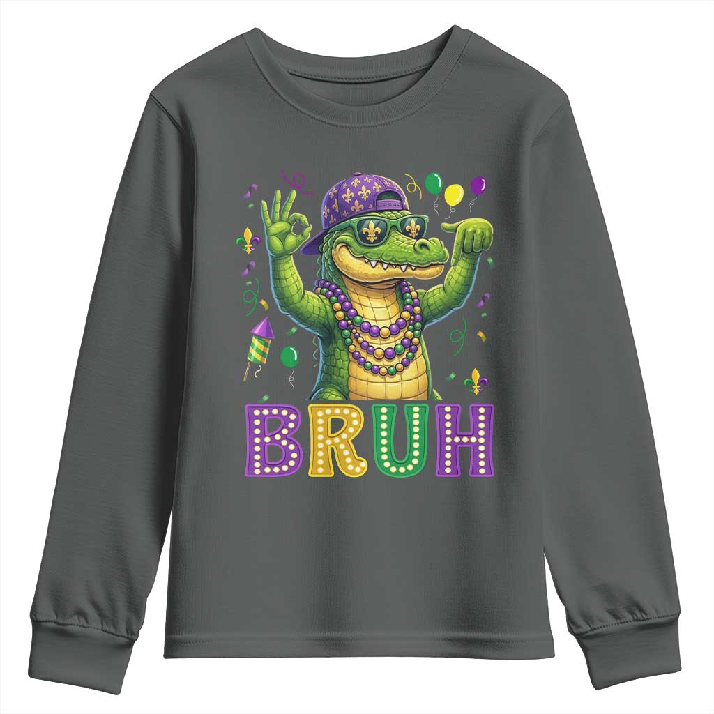 Mardi Gras Mardigator Alligator Six Seven Bruh Meme Youth Sweatshirt TS12 Dark Heather Print Your Wear