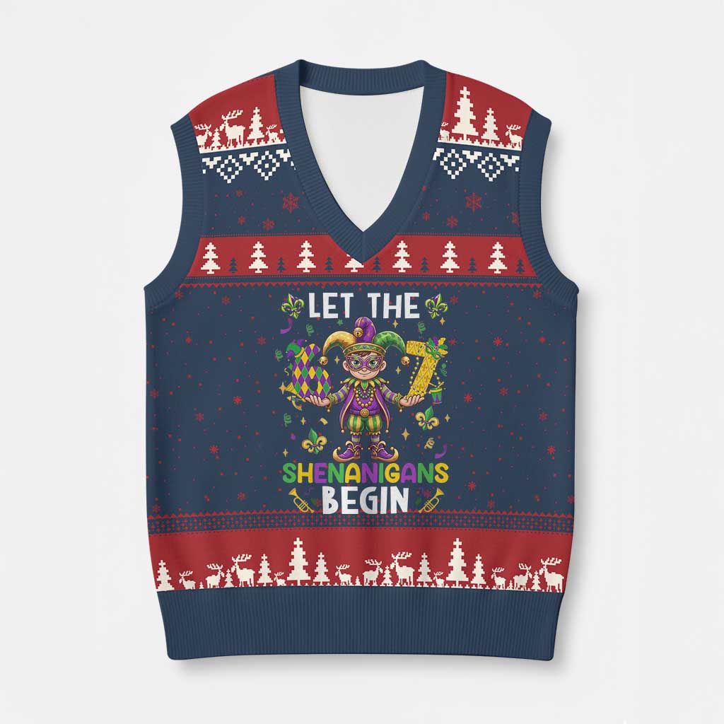 Let The 67 Shenanigans Begin V-Neck Knit Sweater Vest Six Seven Meme Mardi Gras TS12 Navy Red Print Your Wear