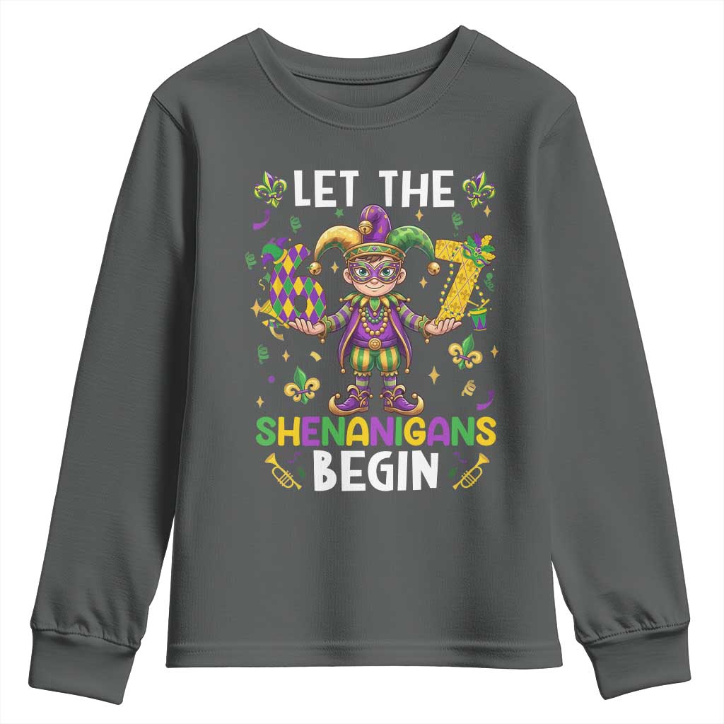 Let The 67 Shenanigans Begin Youth Sweatshirt Six Seven Meme Mardi Gras TS12 Dark Heather Print Your Wear