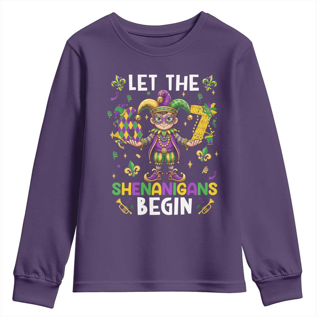 Let The 67 Shenanigans Begin Youth Sweatshirt Six Seven Meme Mardi Gras TS12 Purple Print Your Wear